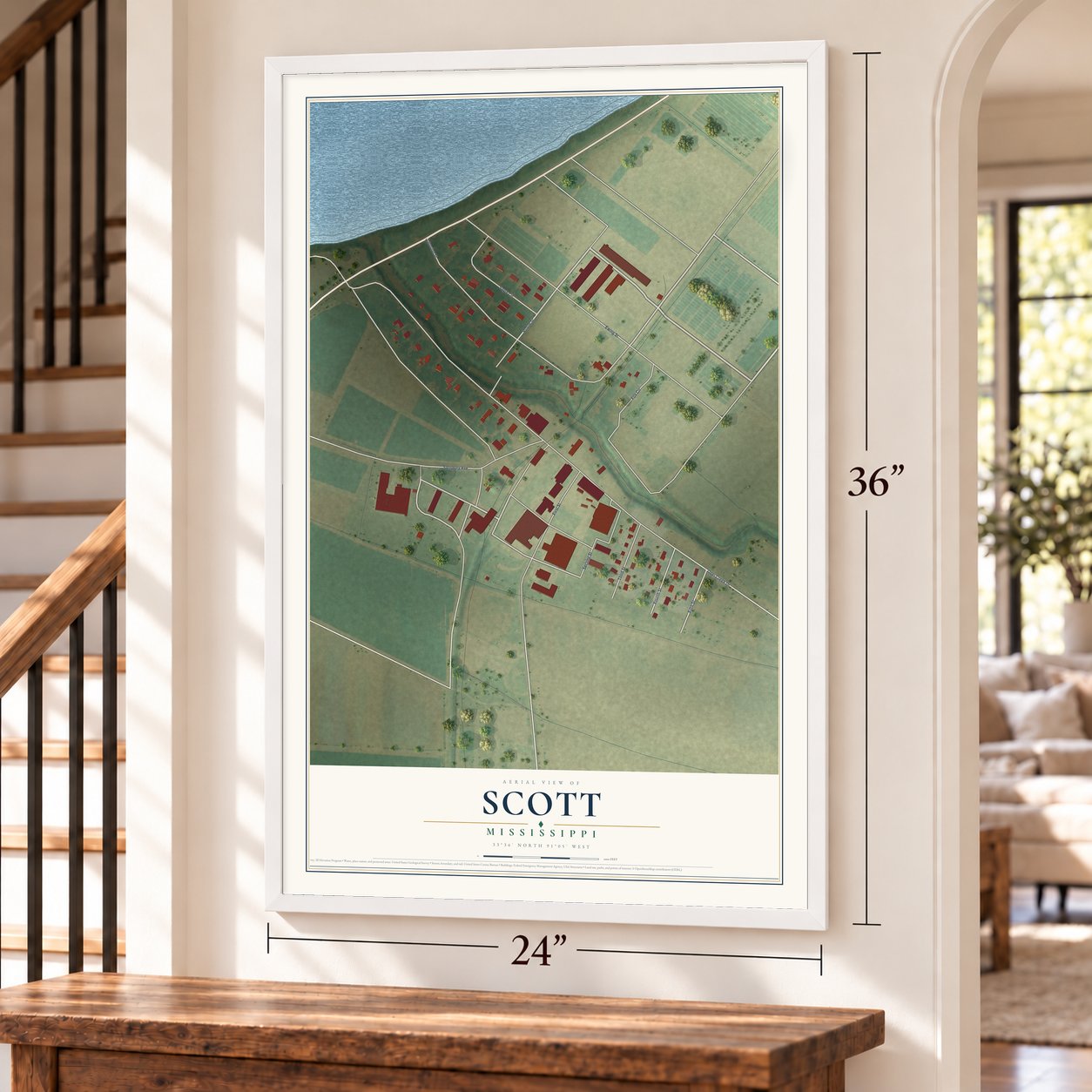 Scott, Mississippi map, 24 x 36 inch print in a white frame by a staircase