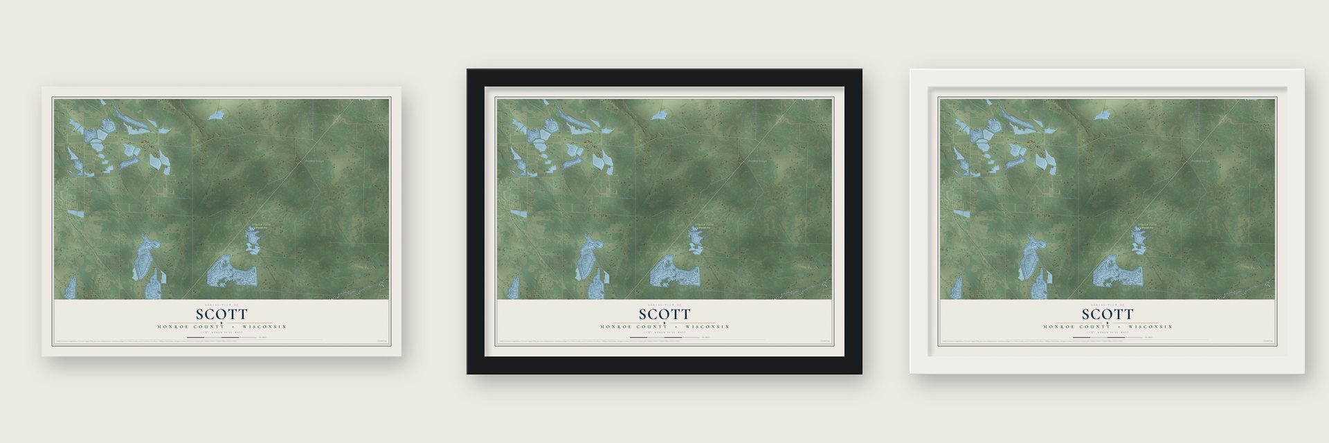 Scott, Monroe County, Wisconsin map unframed, in a black wood frame and in a white wood frame