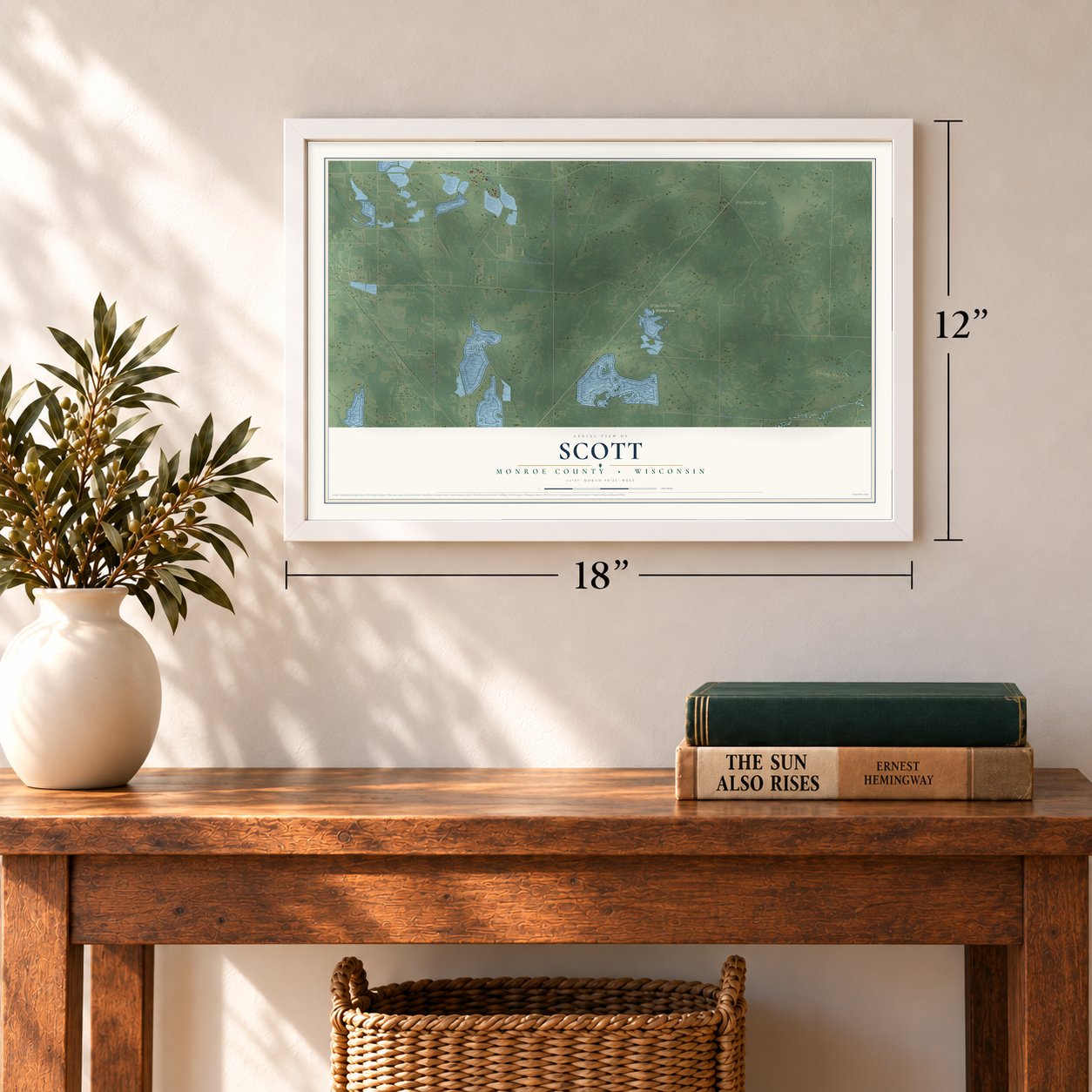Scott, Monroe County, Wisconsin map, 12 x 18 inch print in a white frame in an entryway