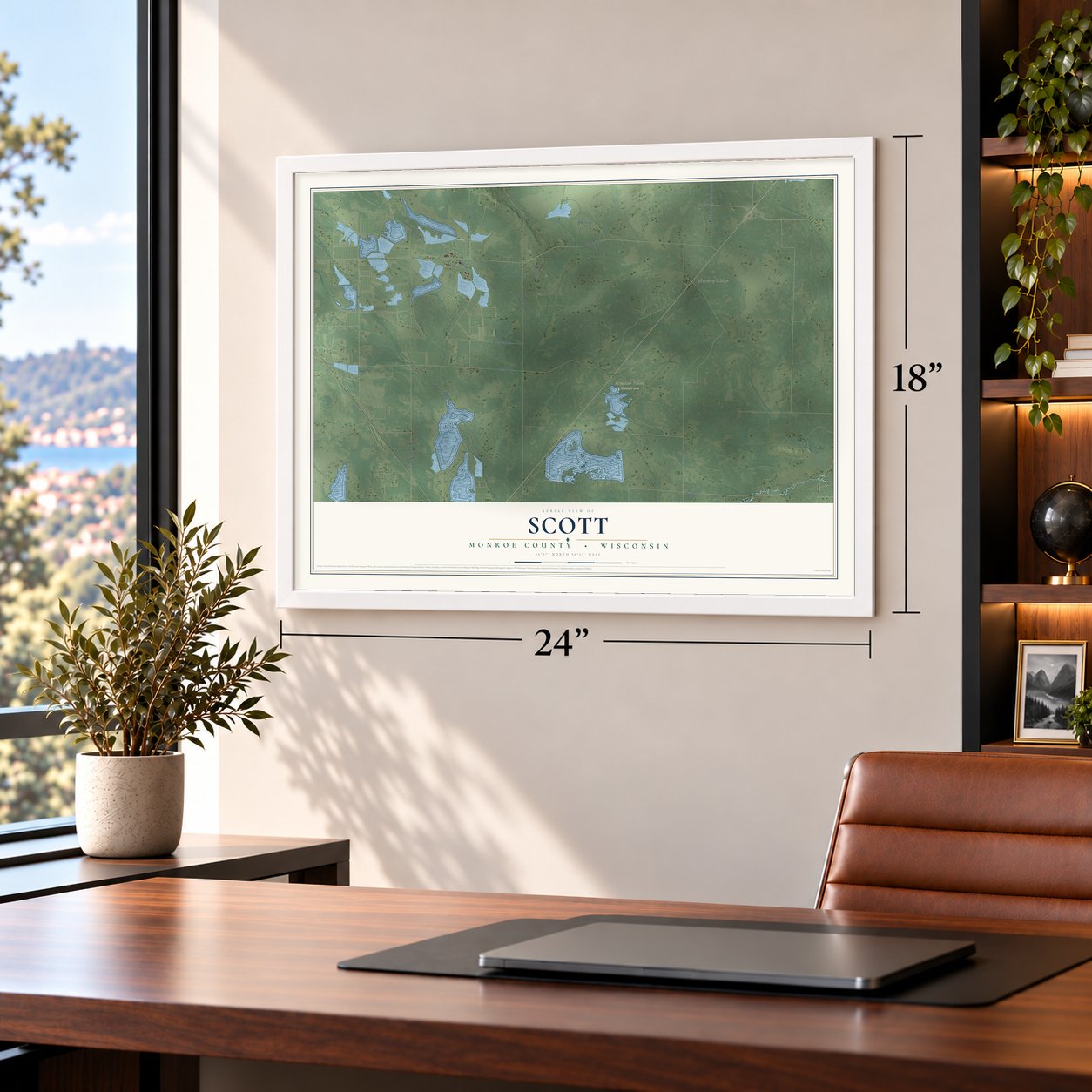 Scott, Monroe County, Wisconsin map, 18 x 24 inch print in a white frame in a home office