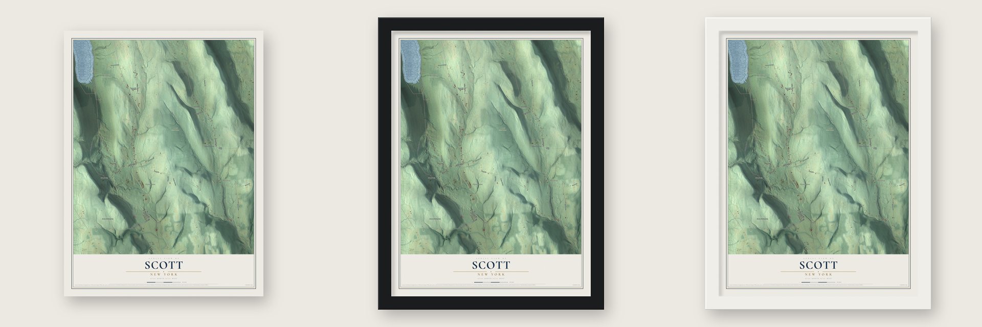 Scott, New York map unframed, in a black wood frame and in a white wood frame