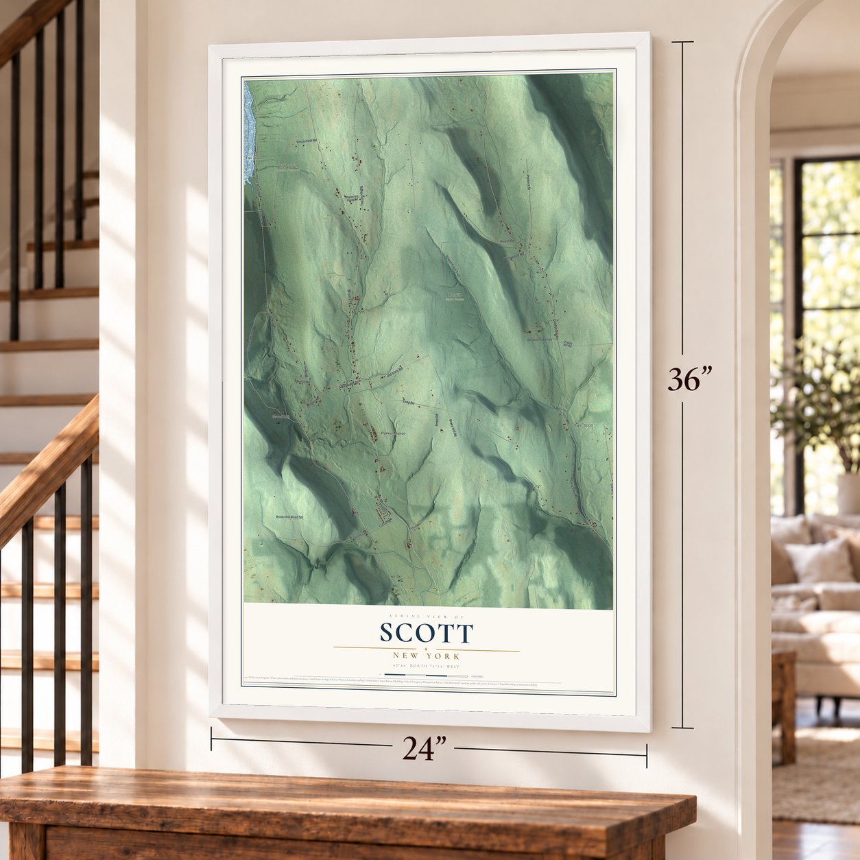 Scott, New York map, 24 x 36 inch print in a white frame by a staircase