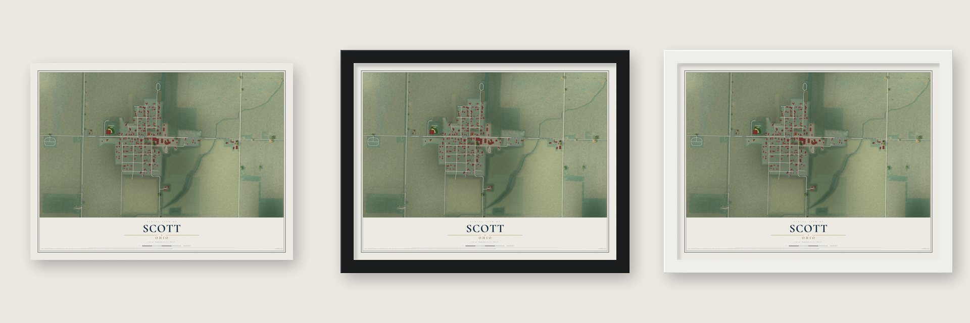 Scott, Ohio map unframed, in a black wood frame and in a white wood frame