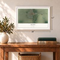 Scott, Ohio map, 12 x 18 inch print in a white frame in an entryway