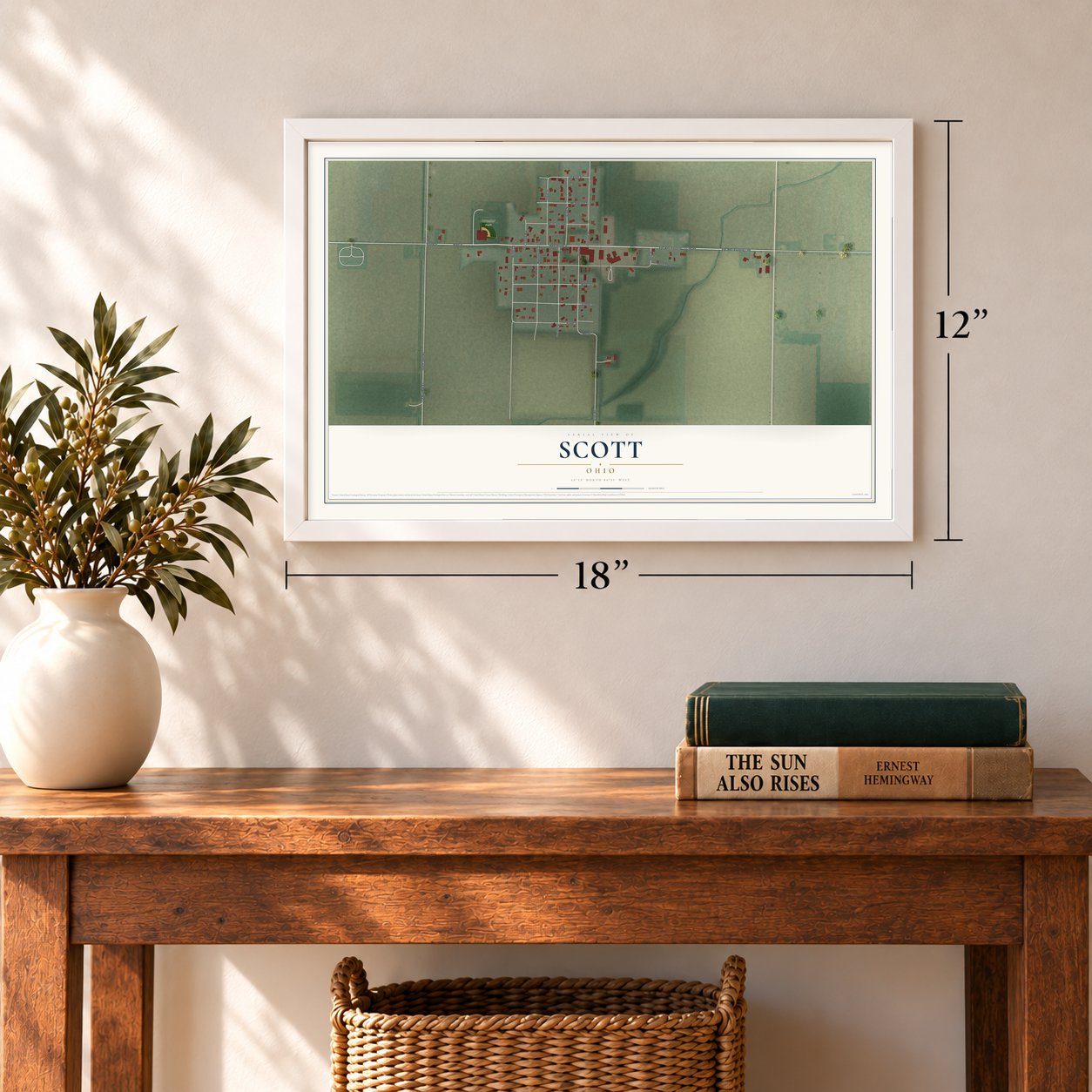Scott, Ohio map, 12 x 18 inch print in a white frame in an entryway