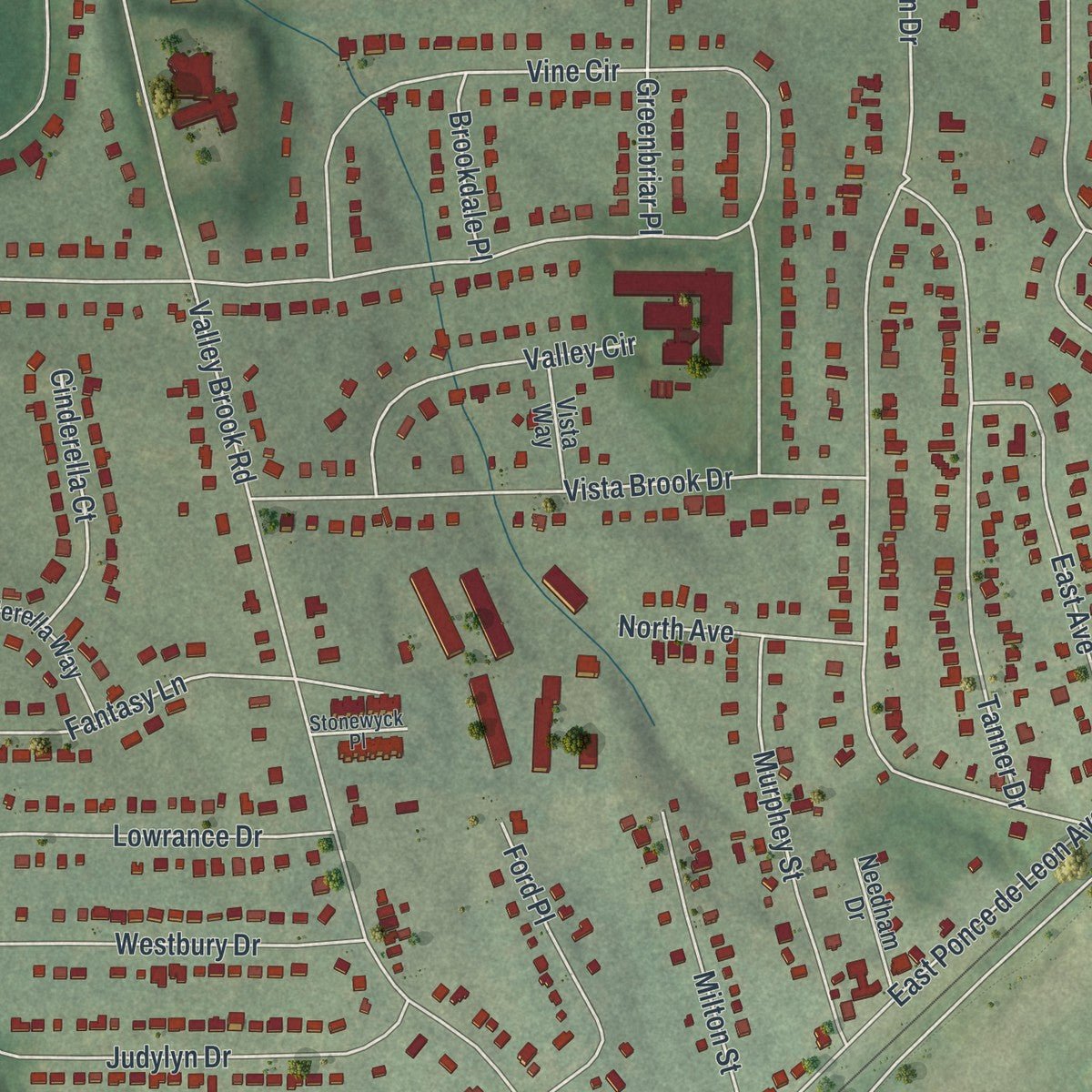 Second close-up of the map of Scottdale, Georgia print showing more streets and buildings
