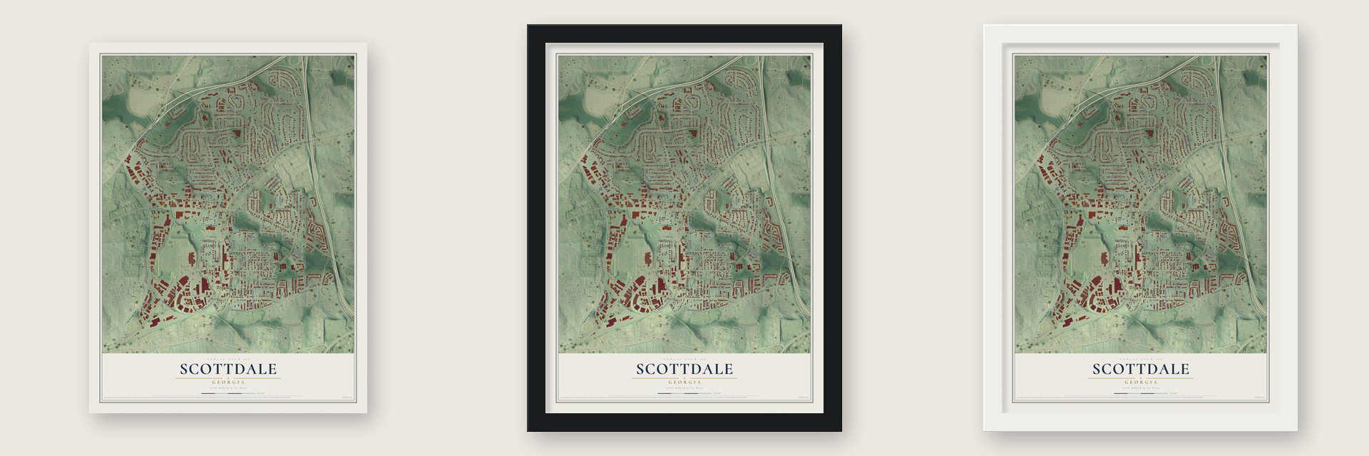 Scottdale, Georgia map unframed, in a black wood frame and in a white wood frame
