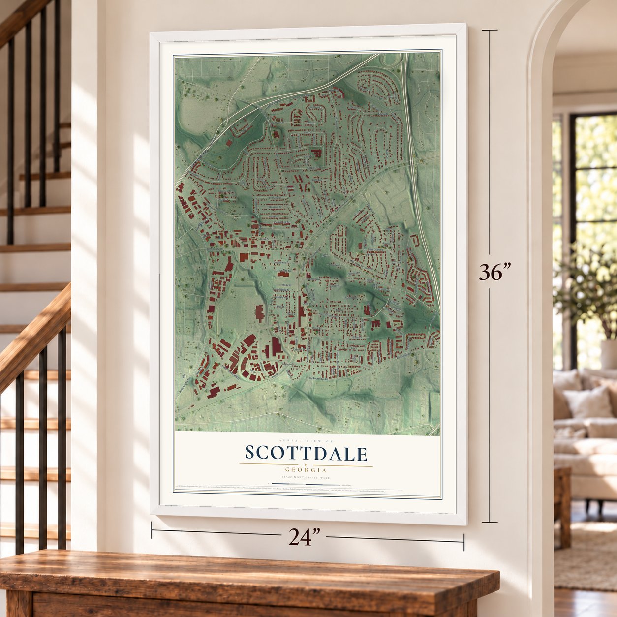 Scottdale, Georgia map, 24 x 36 inch print in a white frame by a staircase