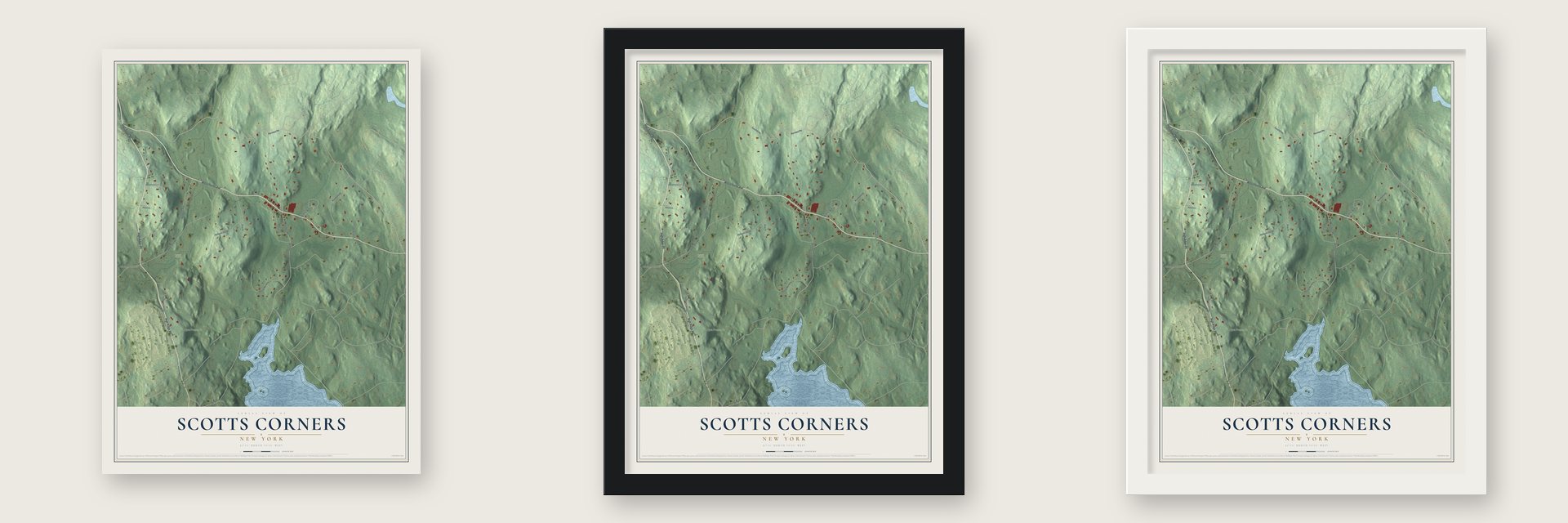 Scotts Corners, New York map unframed, in a black wood frame and in a white wood frame