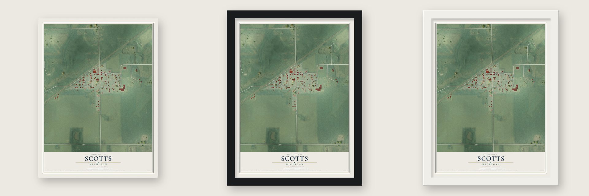 Scotts, Michigan map unframed, in a black wood frame and in a white wood frame