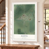 Scotts, Michigan map, 24 x 36 inch print in a white frame by a staircase