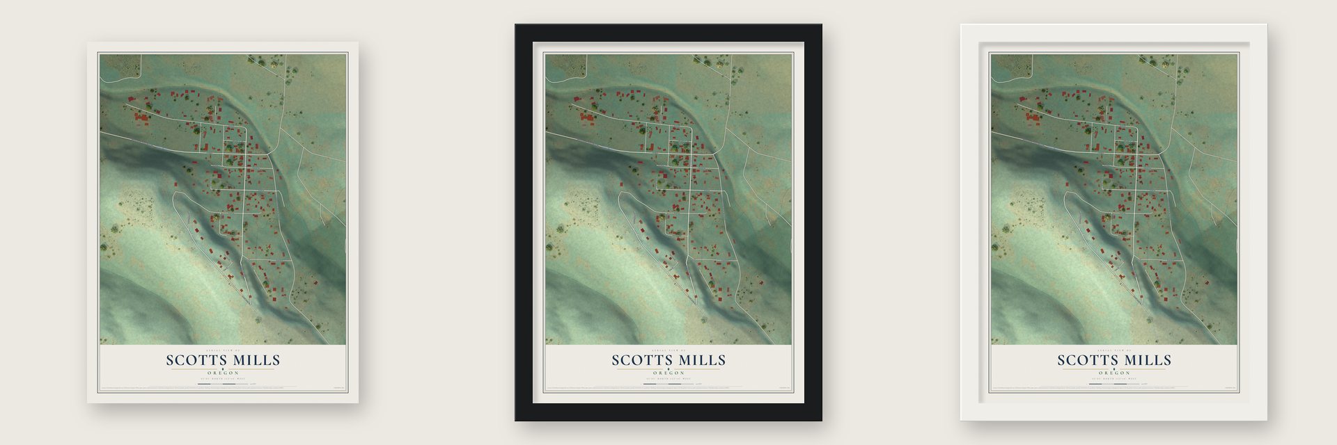 Scotts Mills, Oregon map unframed, in a black wood frame and in a white wood frame