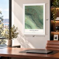Scotts Mills, Oregon map, 18 x 24 inch print in a white frame in a home office