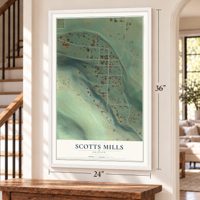 Scotts Mills, Oregon map, 24 x 36 inch print in a white frame by a staircase