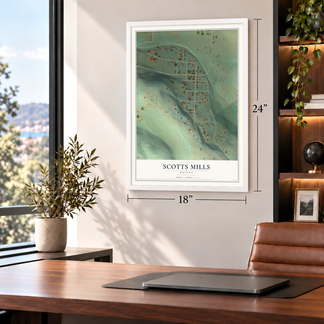 Scotts Mills, Oregon map, 18 x 24 inch print in a white frame in a home office
