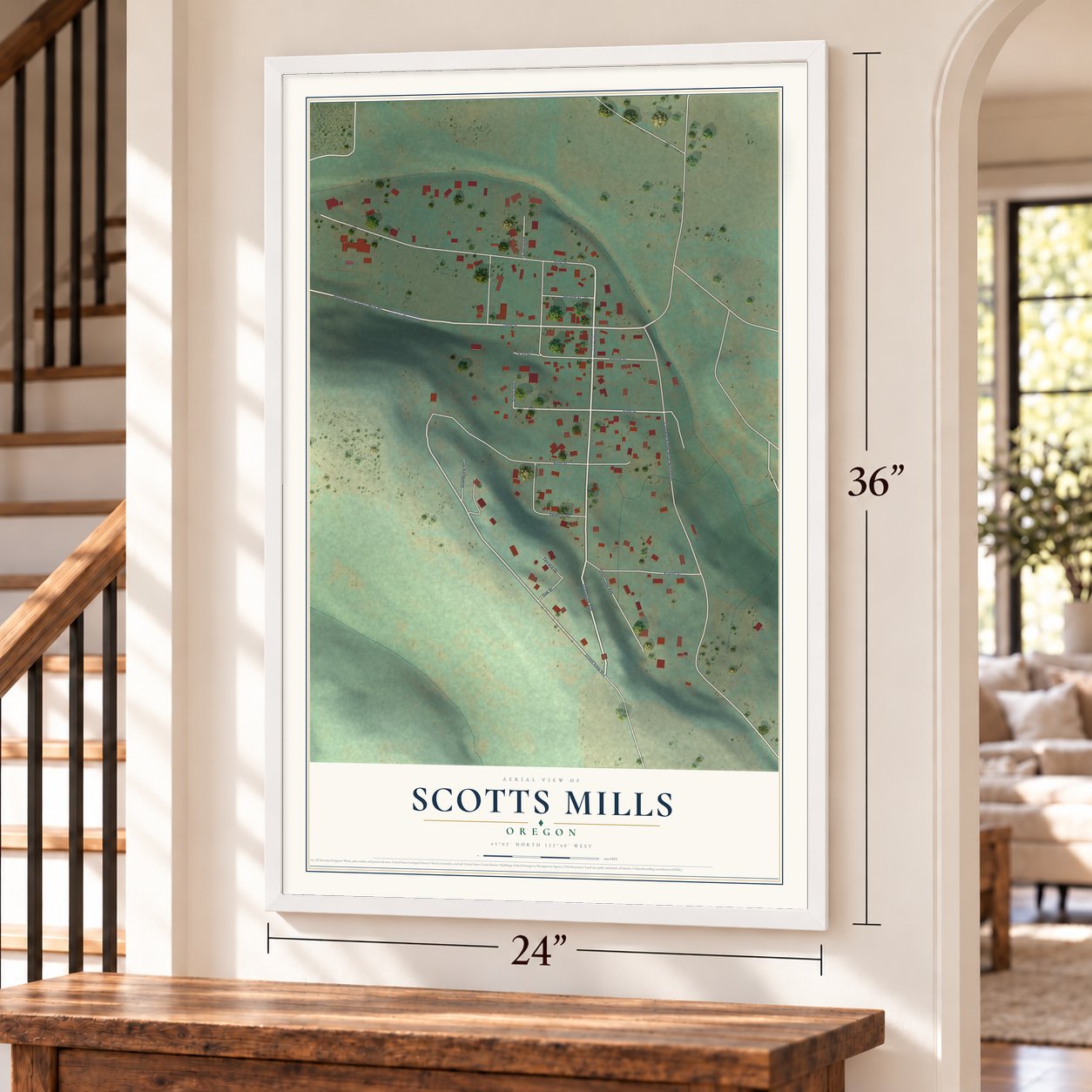 Scotts Mills, Oregon map, 24 x 36 inch print in a white frame by a staircase