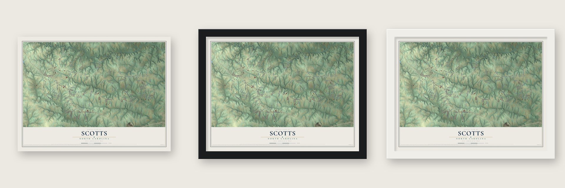 Scotts, North Carolina map unframed, in a black wood frame and in a white wood frame