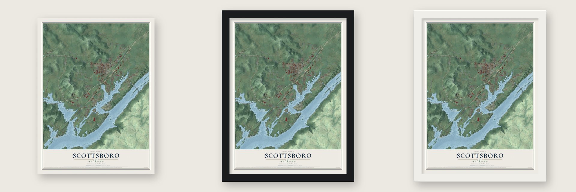 Scottsboro, Alabama map unframed, in a black wood frame and in a white wood frame