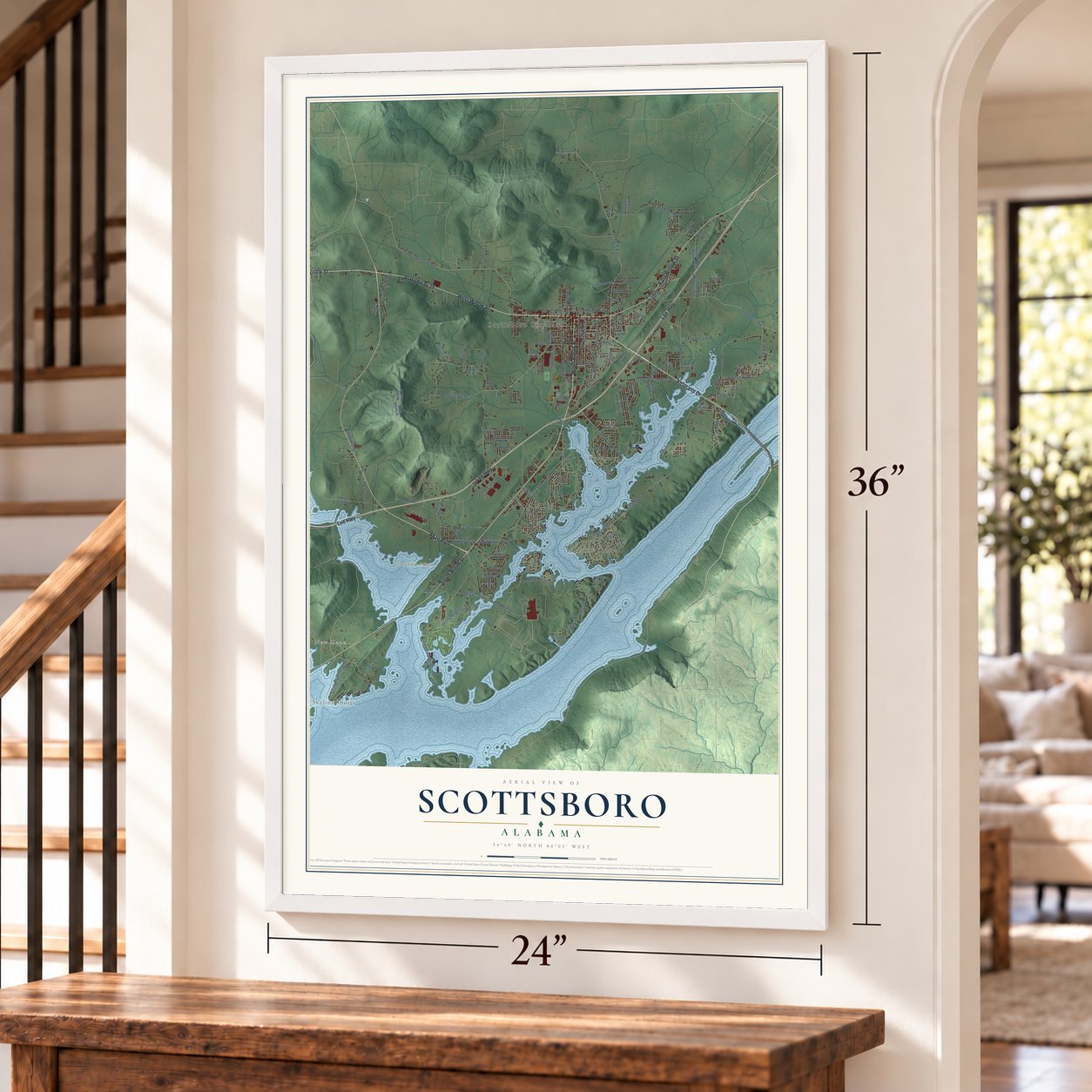 Scottsboro, Alabama map, 24 x 36 inch print in a white frame by a staircase