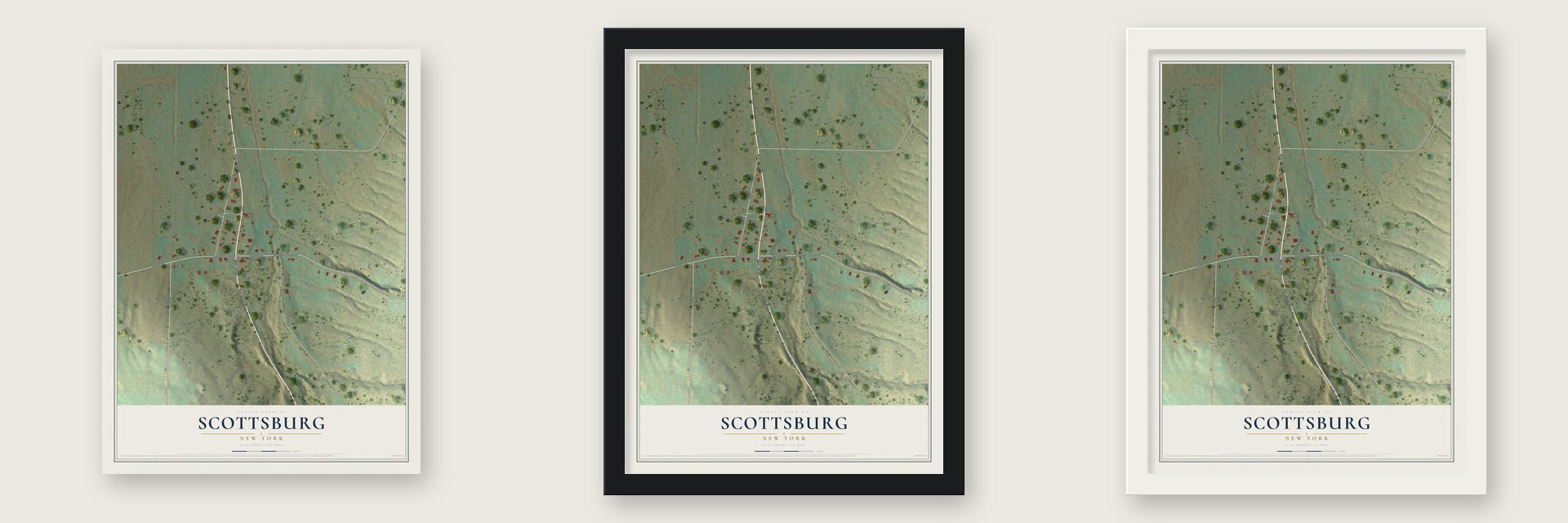 Scottsburg, New York map unframed, in a black wood frame and in a white wood frame