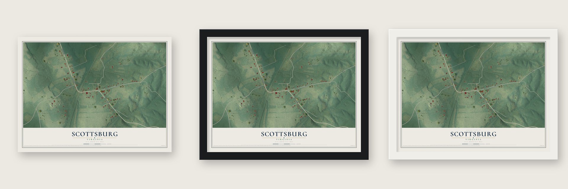Scottsburg, Virginia map unframed, in a black wood frame and in a white wood frame