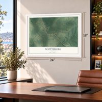Scottsburg, Virginia map, 18 x 24 inch print in a white frame in a home office