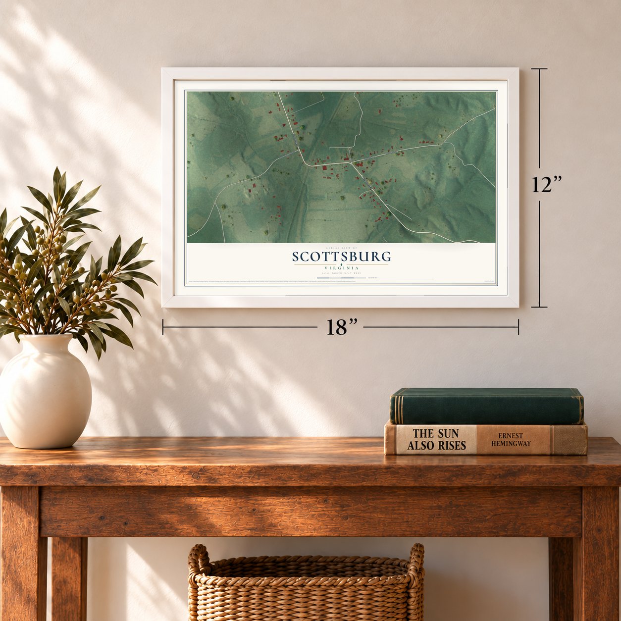 Scottsburg, Virginia map, 12 x 18 inch print in a white frame in an entryway