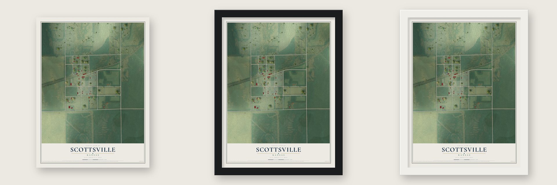Scottsville, Kansas map unframed, in a black wood frame and in a white wood frame