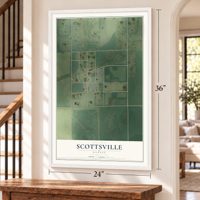 Scottsville, Kansas map, 24 x 36 inch print in a white frame by a staircase