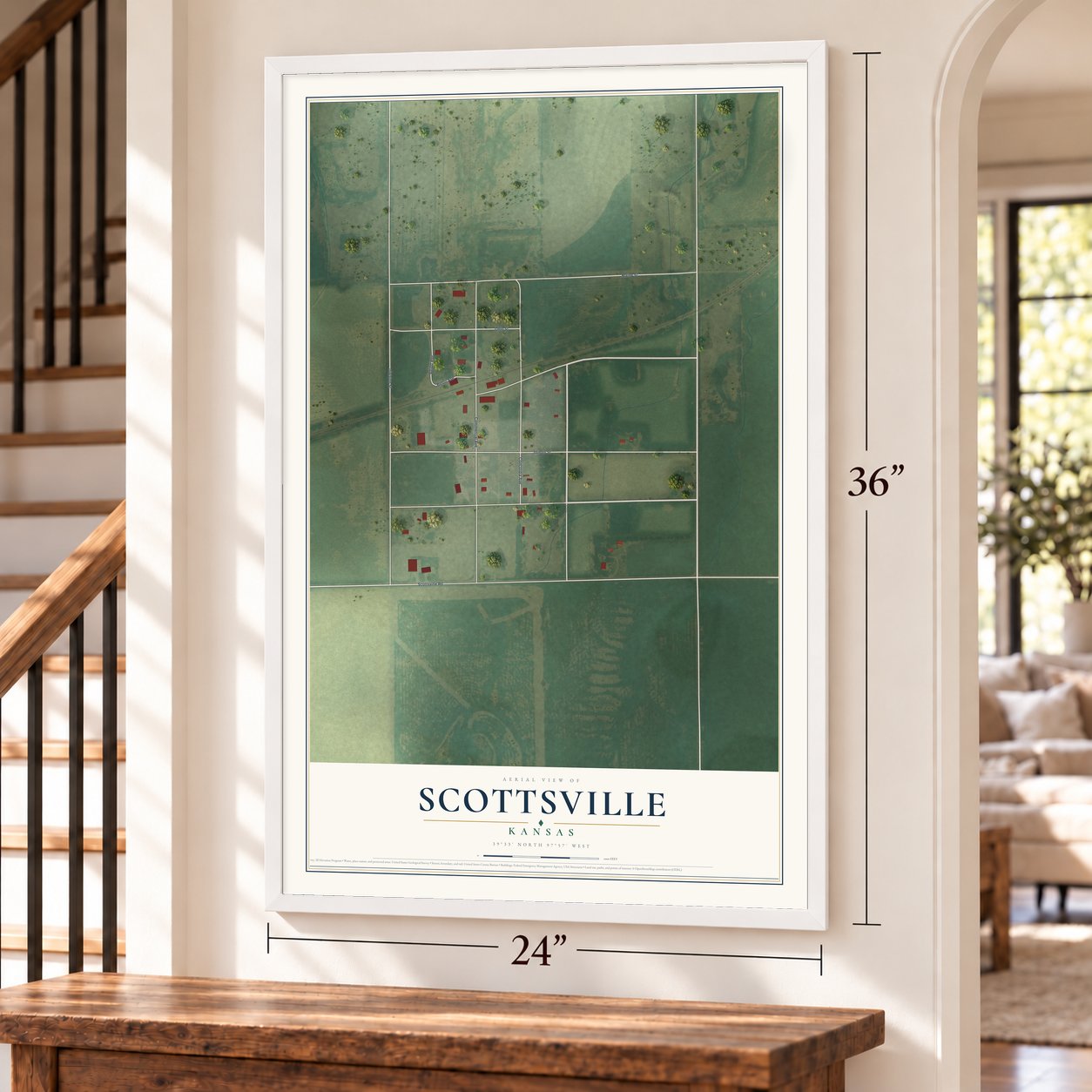 Scottsville, Kansas map, 24 x 36 inch print in a white frame by a staircase
