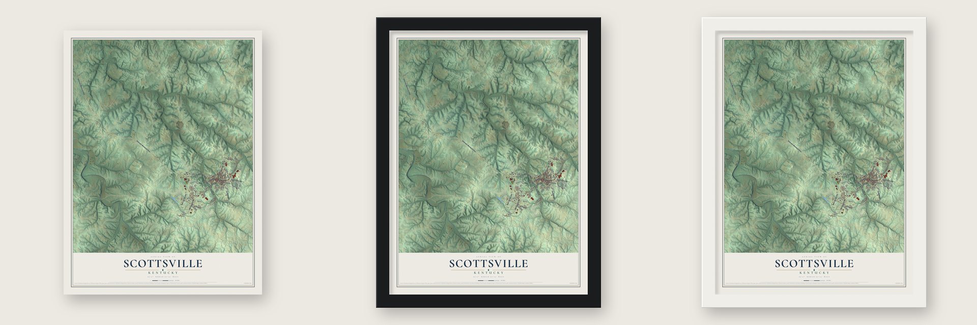 Scottsville, Kentucky map unframed, in a black wood frame and in a white wood frame