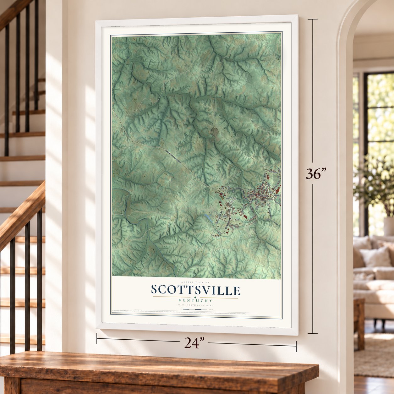 Scottsville, Kentucky map, 24 x 36 inch print in a white frame by a staircase