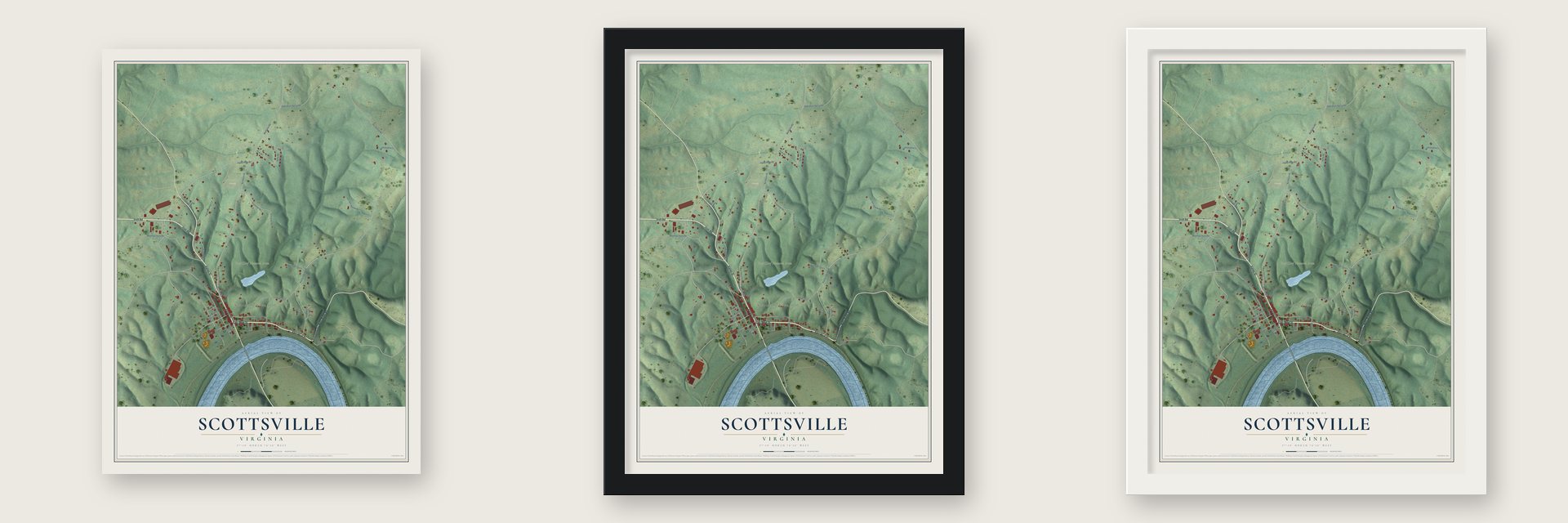 Scottsville, Virginia map unframed, in a black wood frame and in a white wood frame
