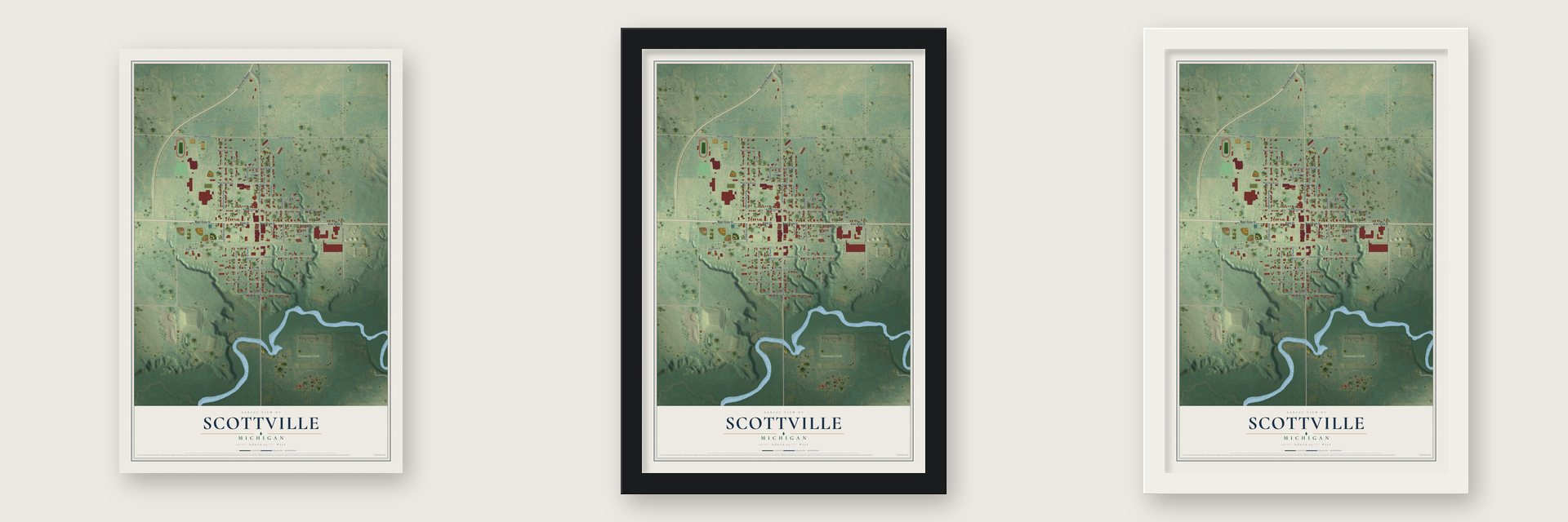 Scottville, Michigan map unframed, in a black wood frame and in a white wood frame