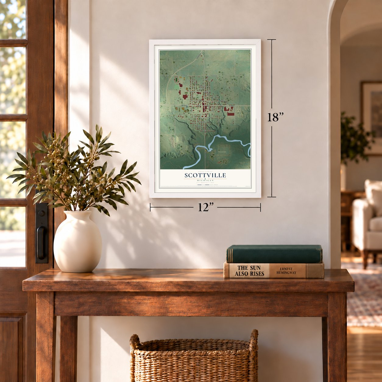 Scottville, Michigan map, 12 x 18 inch print in a white frame in an entryway