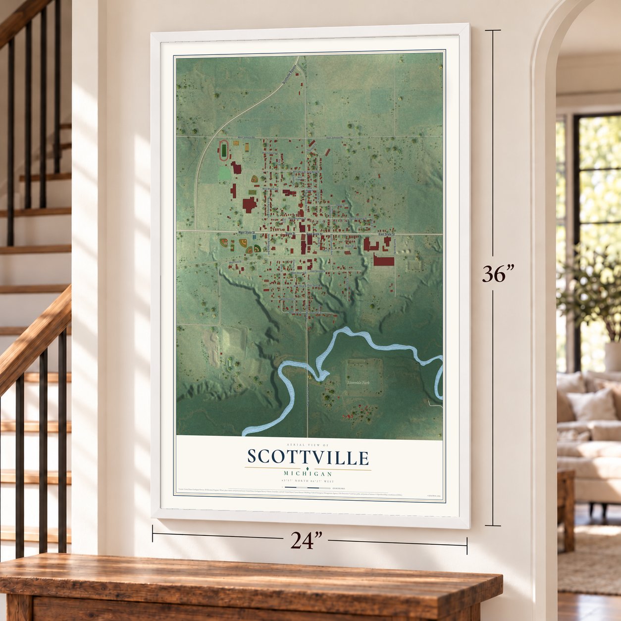 Scottville, Michigan map, 24 x 36 inch print in a white frame by a staircase