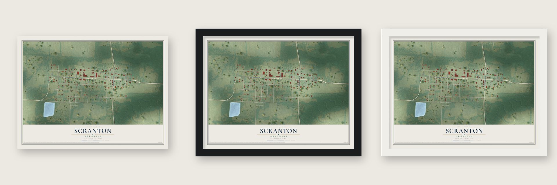 Scranton, Arkansas map unframed, in a black wood frame and in a white wood frame