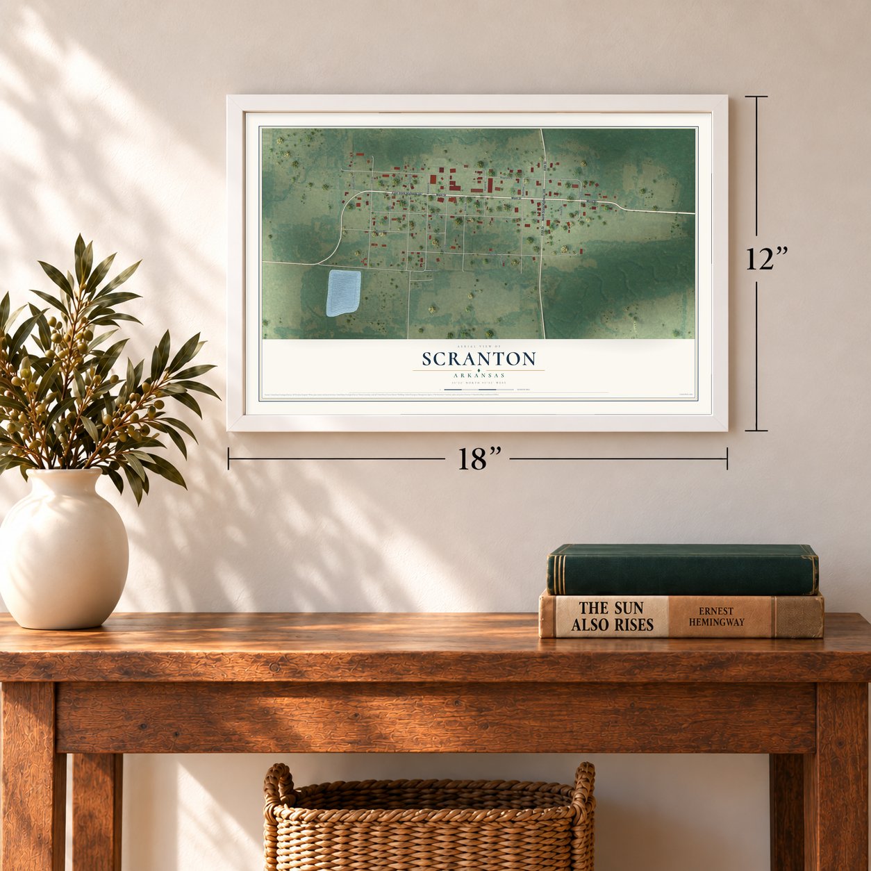 Scranton, Arkansas map, 12 x 18 inch print in a white frame in an entryway