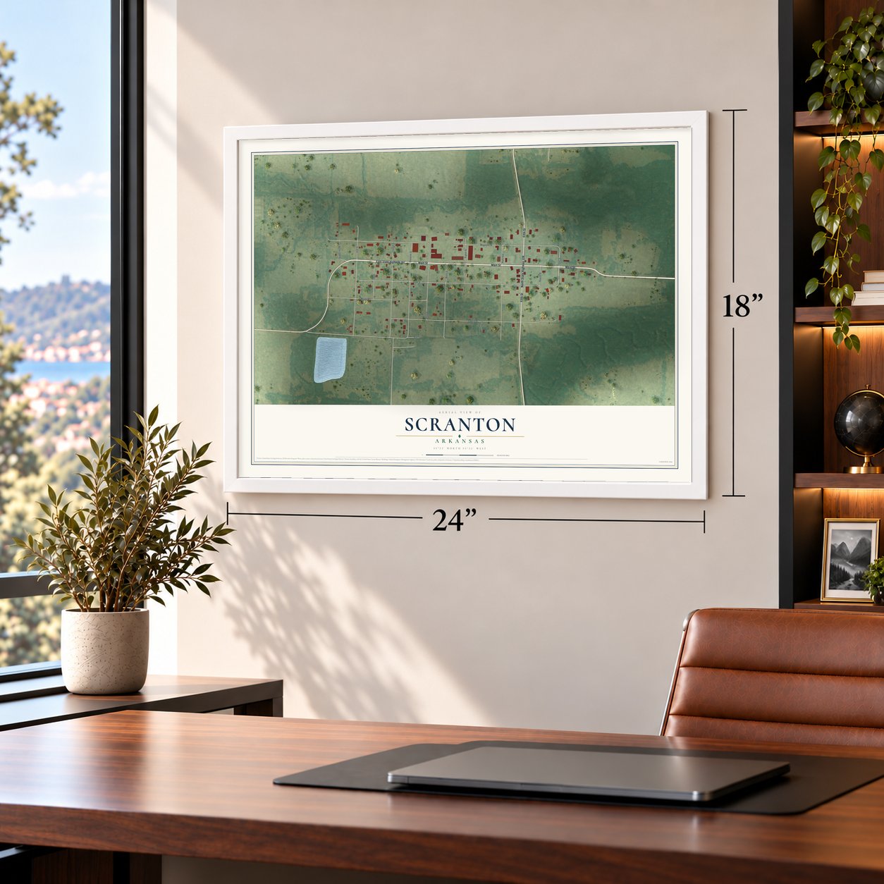 Scranton, Arkansas map, 18 x 24 inch print in a white frame in a home office