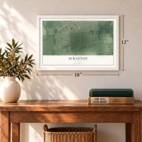 Scranton, Kansas map, 12 x 18 inch print in a white frame in an entryway
