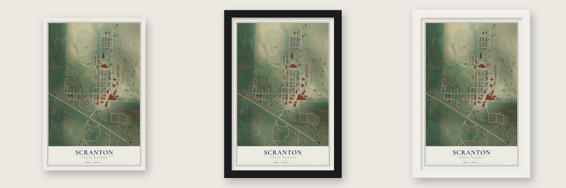 Scranton, North Dakota map unframed, in a black wood frame and in a white wood frame