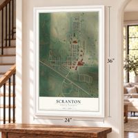 Scranton, North Dakota map, 24 x 36 inch print in a white frame by a staircase
