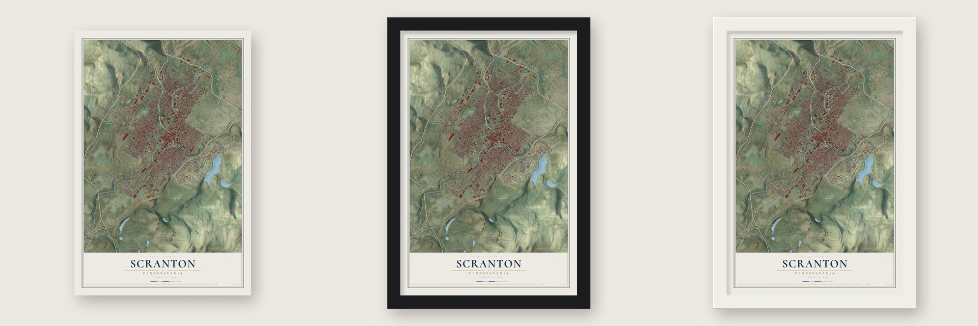 Scranton, Pennsylvania map unframed, in a black wood frame and in a white wood frame