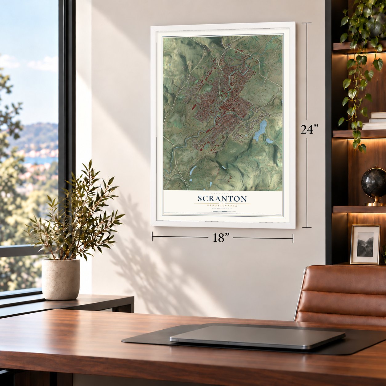 Scranton, Pennsylvania map, 18 x 24 inch print in a white frame in a home office