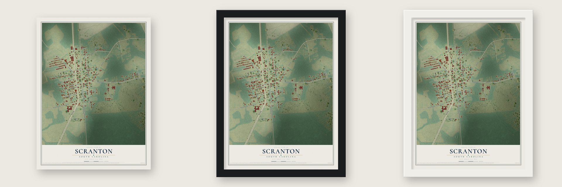 Scranton, South Carolina map unframed, in a black wood frame and in a white wood frame