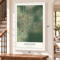 Scranton, South Carolina map, 24 x 36 inch print in a white frame by a staircase