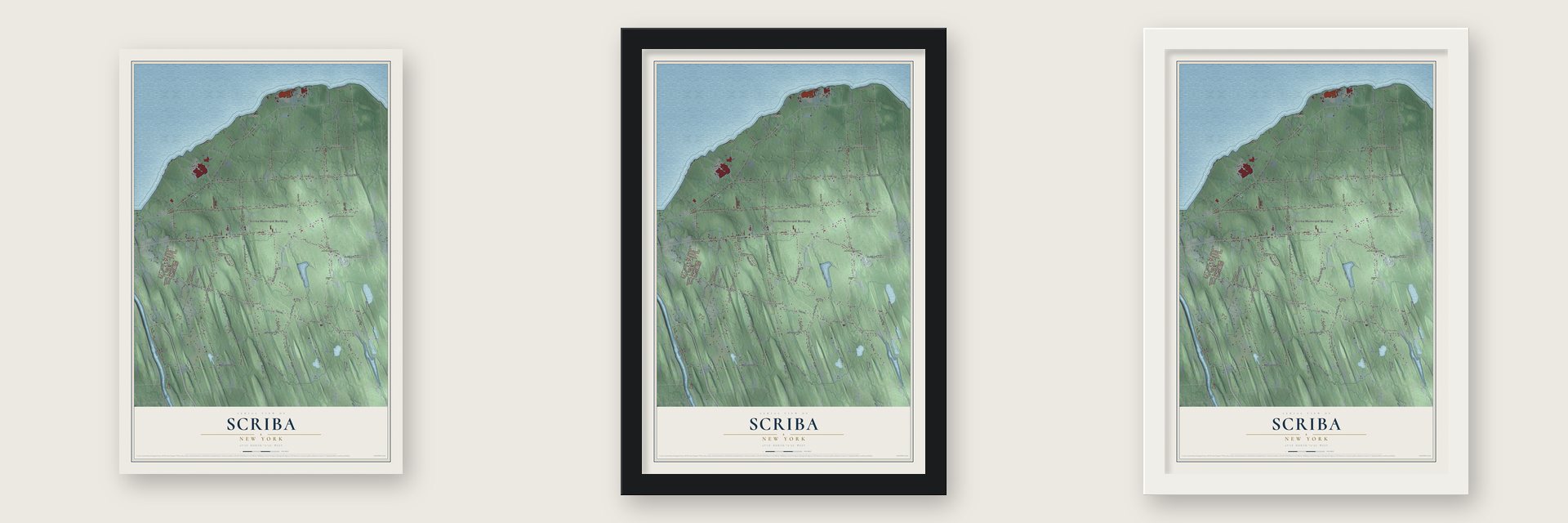 Scriba, New York map unframed, in a black wood frame and in a white wood frame