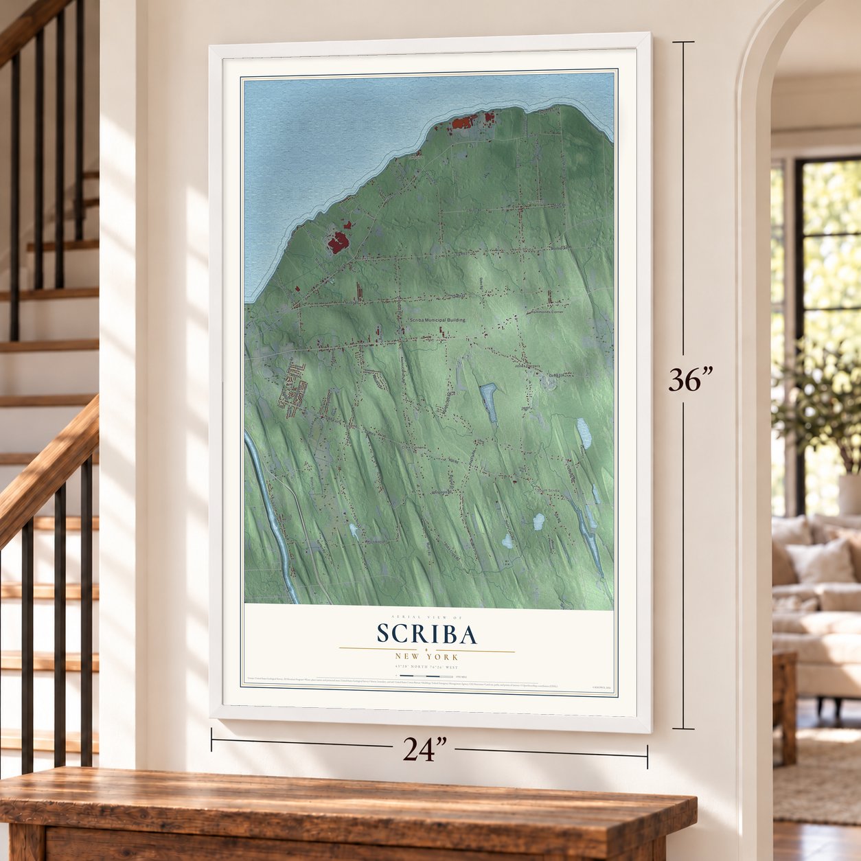 Scriba, New York map, 24 x 36 inch print in a white frame by a staircase