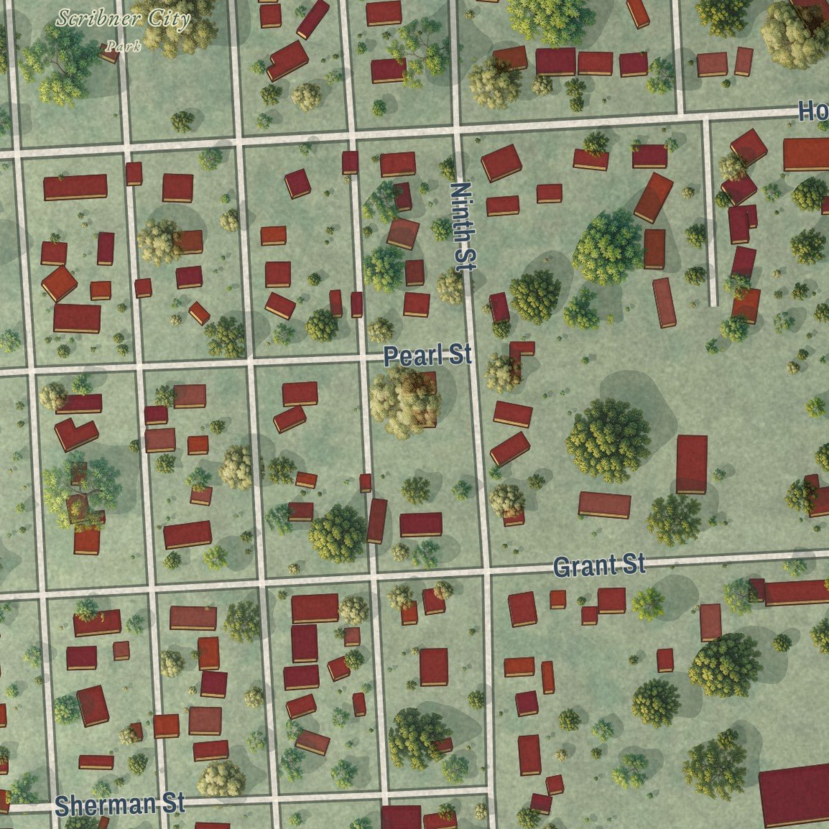 Second close-up of the map of Scribner, Nebraska print showing more streets and buildings