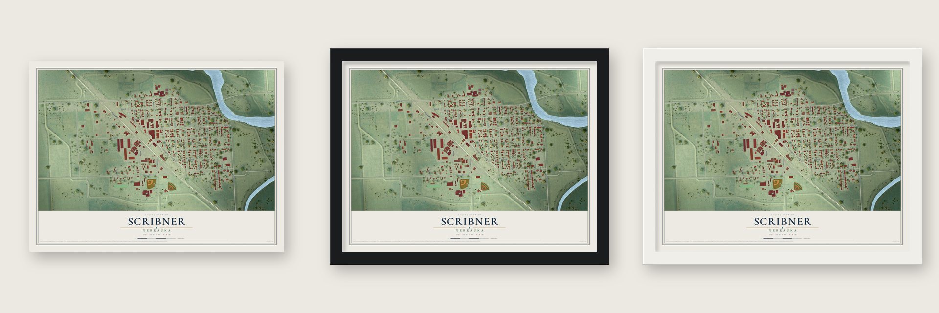 Scribner, Nebraska map unframed, in a black wood frame and in a white wood frame